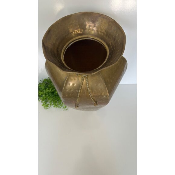 Handmade Hammered Brass Vase With Rope Detail 16" Tall Wide Flared Rim Hexagonal - Picture 3 of 7